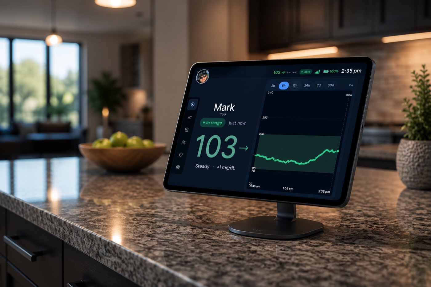 Sugalarm bedside display showing a live glucose reading of 103, in range